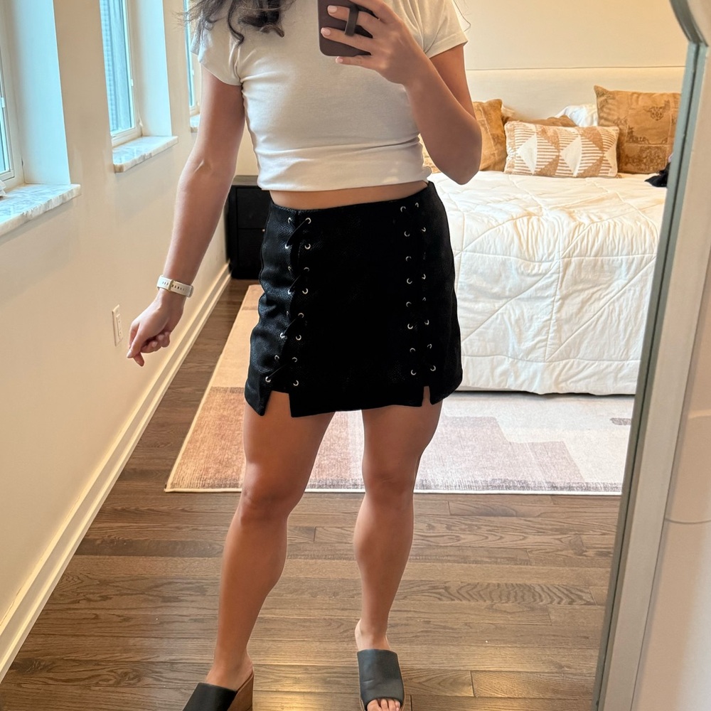 Black Suede Snake Skin Lace Up Mini Skirt